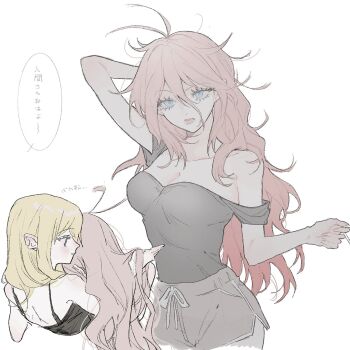 2girls akamatsu_kaede alternate_costume antenna_hair black_shirt blonde_hair breasts cleavage commentary_request cowboy_shot danganronpa_(series) danganronpa_v3:_killing_harmony goggles highres hug iruma_miu large_breasts long_hair messy_hair multiple_girls seailand shirt shorts speech_bubble translation_request yuri