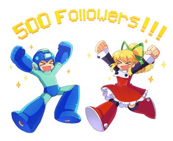 >_< 1boy 1girl absurdres arms_up blue_helmet brother_and_sister closed_eyes commentary dress english_commentary english_text full_body helmet highres mega_man_(character) mega_man_(classic) mega_man_(series) milestone_celebration red_dress retro_fighting_robot roll_(mega_man) siblings sparkle