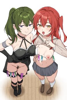 2girls :d absurdres black_choker blush bocchi_the_rock! bra bra_pull breasts choker clothes_lift clothes_pull commentary_request condom condom_belt crossover dress dress_lift from_above full_body green_hair grey_skirt hasegawa_ikumi highres jitome kita_ikuyo large_breasts long_hair looking_at_viewer multiple_girls navel o-ring o-ring_choker one_side_up open_mouth pleated_skirt pubic_hair purple_eyes red_hair school_uniform shirt_lift shuka_high_school_uniform side_ponytail skirt small_breasts smile sousou_no_frieren standing ubel_(sousou_no_frieren) underwear ura-_(gift_bit) used_condom voice_actor_connection