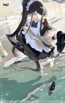 3girls apron aris_(blue_archive) aris_(maid)_(blue_archive) beach black_dress black_shoes blue_archive blue_eyes character_request commentary dress helic_(7317helic) highres long_hair looking_at_another maid maid_apron maid_headdress multiple_girls no_shoes one_eye_closed shoes