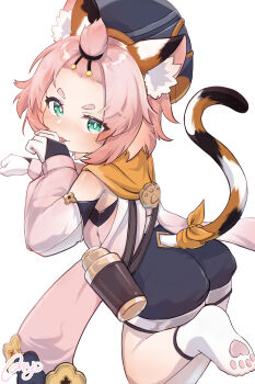 1girl animal_ears artist_name ass bare_shoulders cat_ears cat_girl cat_tail diona_(genshin_impact) from_behind genshin_impact gloves green_eyes hat licking looking_at_viewer naughty_face omyo pink_hair short_hair short_shorts shorts smile solo tail