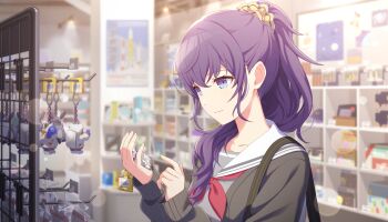 Rule 34 | 1girl, asahina mafuyu, bag, black cardigan, blue eyes, breasts, cardigan, charm (object), closed mouth, collarbone, colorful palette, cropped torso, dot nose, game cg, grey serafuku, hair ornament, hair scrunchie, hands up, high ponytail, highres, light smile, looking at object, medium breasts, medium hair, miyamasuzaka girls' academy school uniform, multicolored eyes, neckerchief, official art, open cardigan, open clothes, orange scrunchie, ponytail, poster (object), project sekai, purple eyes, purple hair, red neckerchief, sailor collar, school bag, school uniform, scrunchie, serafuku, shelf, shop, solo, third-party source, tomoni true route wo mezashite (project sekai), two-tone eyes, upper body, wavy hair, white sailor collar