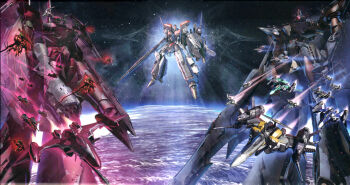 00s aircraft airplane battle battle_frontier battle_galaxy battleship epic highres jet macross macross_frontier macross_galaxy macross_quarter mecha military military_vehicle n.u.n.s. no_humans planet robot s.m.s. ship space spacecraft spoilers storm_attacker v-9 vajra_(macross) vf-25 vf-27 warship watercraft