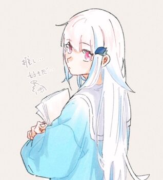 1girl artist_self-insert blue_hair blue_sweater closed_mouth commentary_request doodle_inset from_behind grey_background hair_flaps hair_ornament hairclip holding holding_paper lize_helesta lize_helesta_(4th_costume) long_hair long_sleeves looking_at_viewer looking_back multicolored_hair nijisanji paper pink_eyes ritowani romaji_commentary sailor_collar school_uniform simple_background solo streaked_hair sweater translation_request upper_body virtual_youtuber white_hair white_sailor_collar