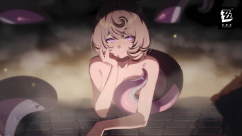 1girl absurdres arm_rest bare_arms bare_shoulders blonde_hair blurry blurry_background breasts closed_mouth collarbone copyright_logo copyright_name highres in_water large_breasts logo looking_at_viewer mole mole_under_mouth monster_girl nude official_art onsen purple_eyes scylla shadow short_hair smile solo steam suction_cups tentacle_girl tentacle_tail tentacles wet wet_hair yidhari_murphy zenless_zone_zero