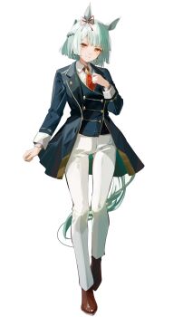 Rule 34 | 1girl, absurdres, animal ears, aqua tail, blue jacket, blue vest, blush, bow, braid, brooch, closed mouth, collared shirt, ear ribbon, folded hair, folded ponytail, fujimasa march (umamusume), full body, grey hair, half up half down braid, highres, horse ears, horse girl, horse tail, jacket, jewelry, long hair, long sleeves, looking at viewer, neckerchief, open clothes, open jacket, pants, red neckerchief, shirt, shoes, short hair, simple background, smile, solo, tail, umamusume, umamusume: cinderella gray, vest, white background, white pants, white shirt, yellow eyes, yoojp