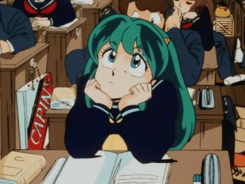 Rule 34 | alien, animated, animated gif, anime screenshot, blinking, classroom, daydreaming, desk, dreaming, green hair, hands on own face, horns, looking up, lowres, lum, multiple boys, multiple girls, oni, personification, school, school uniform, smile, urusei yatsura