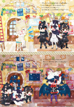 Rule 34 | 4girls, alpaca ears, alpaca girl, alpaca suri (kemono friends), alpaca tail, animal ears, australian devil (kemono friends), black eyes, black hair, blackbuck (kemono friends), cafe, cardigan, chair, cloak, commentary request, demon, demon wings, dress, elbow gloves, extra ears, eyepatch, gloves, grey hair, hair over one eye, horns, indoors, kemono friends, kemono friends 3, kikuchi milo, long hair, multiple girls, pantyhose, red eyes, scarf, shirt, shoes, short hair, shorts, sitting, skirt, sleeveless, tail, tasmanian devil (kemono friends), thighhighs, translation request, weapon, wings