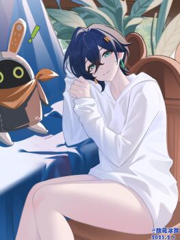 ! 1girl baggy_clothes bangboo_(zenless_zone_zero) belle_(zenless_zone_zero) blue_hair chair commentary_request crossed_bangs dated day earrings eyeliner green_eyes guhuabingwu hair_between_eyes hair_ornament highres holding hood hoodie indoors jewelry letter_hair_ornament looking_at_viewer makeup mismatched_earrings naked_hoodie on_chair plant red_eyeliner short_hair sitting smile twitter_username white_hoodie wooden_chair zenless_zone_zero