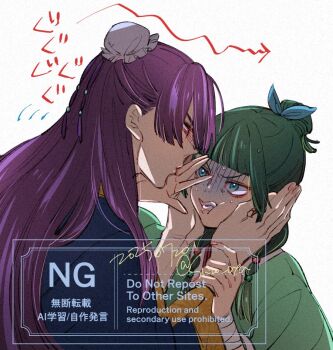 1boy 1girl bandaged_wrist bandages beads blue_eyes blue_ribbon blue_robe blunt_bangs bun_cover chinese_clothes clenched_teeth dated freckles furrowed_brow green_hair green_shirt hair_beads hair_bun hair_ornament hair_ribbon half_updo hand_on_another&#039;s_face hands_on_another&#039;s_cheeks hands_on_another&#039;s_face jinshi_(kusuriya_no_hitorigoto) kusuriya_no_hitorigoto maomao_(kusuriya_no_hitorigoto) purple_hair ribbon robe shaded_face shirt sidelocks teeth twitter_username upper_body wakakusa-e white_background