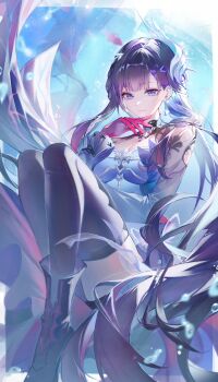 1girl absurdres air_bubble black_boots black_thighhighs blue_eyes boots breasts bubble cleavage closed_mouth dress gloves hair_ornament highres honkai:_star_rail honkai_(series) hysilens_(honkai:_star_rail) large_breasts light_smile long_hair long_sleeves looking_at_viewer red_gloves sohan_(sohan_416) thighhighs underwater very_long_hair