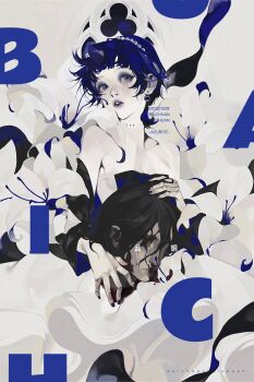 1boy 1girl absurdres artist_name baichuan_baichuan bare_shoulders blood blood_on_clothes blood_on_face blue_theme breasts cleavage dated disembodied_head dress earrings eyeshadow fingernails flower gem hair_ornament hairband highres holding holding_detached_head jewelry lily_(flower) lips looking_afar makeup medium_hair nail_polish original pale_skin parted_lips pearl_(gemstone) pearl_hairband rouge_(makeup) shawl sidelocks solo_focus watermark