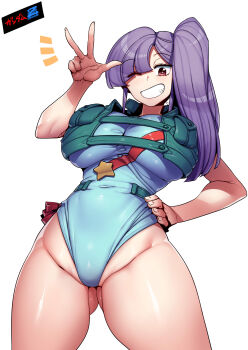 1girl breasts gluteal_fold groin gundam gundam_zz highres huge_breasts long_hair looking_at_viewer one_eye_closed purple_eyes purple_hair roux_louka side_ponytail simple_background smile solo star_(symbol) thick_thighs thighs tukiwani v vest white_background
