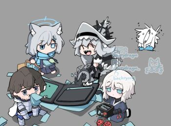1boy 1other 3girls adventurer_(ff14) arknights artist_self-insert black_dress blue_archive blue_coat blue_halo blue_jacket blue_scarf blue_skirt circular_saw closed_eyes coat dress faust_(project_moon) final_fantasy final_fantasy_xiv grey_hair halo jacket kneeling limbus_company long_hair lunacy_(limbus_company) medium_hair money multiple_girls open_mouth paper_shredder pleated_skirt project_moon saw scarf sharp_teeth shiroko_(blue_archive) skirt smile specter_(arknights) specter_the_unchained_(arknights) teeth very_long_hair wallet warrior_of_light_(ff14) white_hair whitydragon