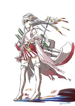 10s 1girl bandaged_arm bandages bare_shoulders black_hair boots cannon detached_sleeves facepaint female_focus haruna_(kancolle) headgear japanese_clothes kantai_collection kozy long_hair long_sleeves machinery nontraditional_miko pleated_skirt red_eyes sarashi shells ship_turret sketch skirt solo thigh_boots thighhighs twitter_username