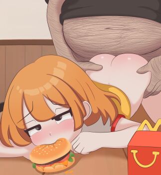 1boy 1girl age_difference ass ass_focus blush burger daughter_(yoru_mac) doggystyle eating fat fat_man food hairy_legs hairy_man hetero highres loli male_pubic_hair mcdonald's older_male_and_younger_female orange_hair pikopeko pubic_hair rape sex sex_from_behind short_hair sidelocks ugly_bastard yoru_mac