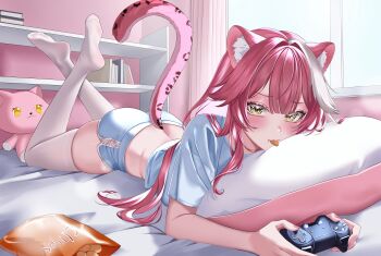 1girl alternate_costume animal_ear_fluff animal_ears bag_of_chips bed bed_sheet blue_shirt blue_shorts blush chips_(food) commentary controller eating feet fingernails food food_in_mouth game_controller heart heart-shaped_pupils highres holding holding_controller holding_game_controller hololive hololive_english indoors long_fingernails long_hair looking_at_viewer lying multicolored_hair nail_polish no_shoes on_bed on_stomach panther_ears panther_girl panther_tail pillow pink_hair pink_nails raora_panthera shirt shorts skindentation soles soles_of_feet_in_socks solo ssiiiyyaa streaked_hair symbol-shaped_pupils tail thighhighs toes toes_visible_through_clothing virtual_youtuber white_hair white_thighhighs yellow_eyes