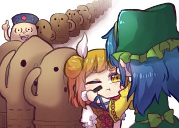 2girls apron arm_ribbon armor blonde_hair blue_hair blush double_bun green_headscarf hair_bun haniwa_(statue) haniyasushin_keiki hat headscarf joutouguu_mayumi long_hair makeup_brush multiple_girls nurse_cap one-hour_drawing_challenge one_eye_closed puffy_short_sleeves puffy_sleeves queue ribbon shirt short_hair short_sleeves touhou unime_seaflower yagokoro yellow_armor yellow_eyes yellow_shirt