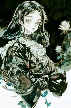 1girl 7na5go black_background black_hair black_shirt cropped_torso flower frilled_shirt frills highres lace leaf lineart long_hair long_sleeves original parted_bangs shirt solo traditional_media white_background