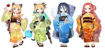 4girls ?_block absurdres alternate_costume animal_ear_headphones animal_ears aris_(blue_archive) bag bagged_fish battle_rifle belt_pouch black_hair blonde_hair blue_archive blue_bow blue_eyes bow cacodemon candy_apple cat_ear_headphones cat_ears character_request clip_(weapon) closed_mouth coin commentary cotton_candy cute_weapon doom_(series) fake_animal_ears fish flying_sweatdrops food forehead frown full_body game_development_department_(blue_archive) geta goldfish green_eyes grey_eyes gun h&amp;k_g3 hair_between_eyes hair_bow hair_bun halo hand_fan headphones highres holding holding_bag holding_candy_apple holding_cotton_candy holding_fan holding_food imp_(doom) japanese_clothes kimono long_bangs long_hair long_hair_between_eyes looking_at_viewer m320 mario_(series) medium_hair menthako mettaton mettaton_ex midori_(blue_archive) momoi_(blue_archive) multiple_girls new_super_mario_bros._u_deluxe nintendo no_socks obi obijime one-eyed open_mouth pain_elemental paper_fan pouch print_kimono red_bow red_eyes red_hair rifle sandals sash short_hair simple_background single_hair_bun single_side_bun standing straight-on super_mario_3d_land super_mario_3d_world super_mario_odyssey super_star_(mario) tail the_legend_of_zelda the_legend_of_zelda:_breath_of_the_wild the_legend_of_zelda:_tears_of_the_kingdom uchiwa undertale utdr_(toby_fox) v-shaped_eyebrows very_long_hair warp_pipe watermark weapon weibo_watermark white_background yukata yuzu_(blue_archive) zouri |_|