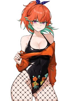 1girl black_leotard bow_hairband breasts cleavage closed_mouth clothes_pull colored_inner_hair covered_navel cowboy_shot cropped_sweater fishnet_pantyhose fishnets floral_print_leotard gluteal_fold green_hair hairband halterneck highleg highleg_leotard highres hololive hololive_english large_breasts leotard long_hair looking_at_viewer multicolored_hair orange_hair orange_sweater pantyhose ponytail purple_eyes simple_background smile solo sweater sweater_pull takanashi_kiara ttsyrene two-tone_hair virtual_youtuber white_background