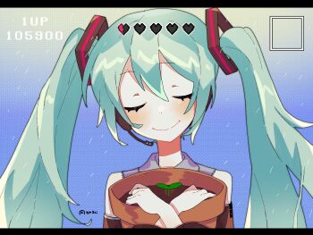 1girl 2funma2 aqua_hair bare_shoulders blush closed_eyes commentary detached_sleeves flower_pot gradient_background grey_shirt hatsune_miku heads-up_display headset health_bar hello_planet_(vocaloid) highres holding holding_flower_pot hugging_object long_hair plant potted_plant score shirt single_tear smile solo sprout twintails user_interface vocaloid