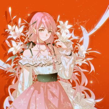 1girl bead_necklace beads black_bow black_corset black_ribbon bow bow_choker bowtie bra_strap brown_eyes bud buttons center_frills choker closed_mouth collarbone commentary_request copyright_name corset cowboy_shot eyelashes floral_background flower frilled_shirt frilled_skirt frilled_sleeves frills hair_bow hair_ribbon hand_up happy hexagram highres infinity_nikki jewelry latin_commentary layered_skirt light_blush light_particles long_hair long_sidelocks long_sleeves low_twintails necklace nikki_(nikki) nikki_(series) off-shoulder_shirt off_shoulder perfect_start_(infinity_nikki) pink_bow pink_bowtie pink_choker pink_hair pink_skirt pleated_skirt print_skirt print_sleeves puffy_long_sleeves puffy_sleeves red_background ribbon see-through_clothes see-through_sleeves shadow shirt sidelocks single_stripe skirt sleeves_past_wrists smile snowflake_print solo sparkle standing star_(symbol) star_necklace star_print striped_bow striped_bowtie striped_choker striped_clothes tidsean tress_ribbon twintails very_long_hair wavy_hair white_flower white_shirt white_skirt