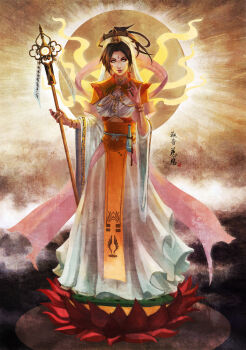 1girl absurdres alternate_hair_color bindi black_hair bracelet commentary dress female_focus full_body guanyin halo headdress highres huge_filesize indian_clothes jewelry long_dress mechanical_halo mercy_(overwatch) monori_rogue overwatch overwatch_1 pelvic_curtain solo staff veil wide_sleeves wings