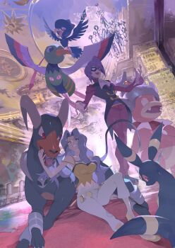 1boy 1girl artist_logo artist_name bird black_fur black_vest blue_hair body_fur breasts camisole coattails colored_sclera crow dog e_volution gen_1_pokemon gen_2_pokemon houndoom indoors karen_(pokemon) large_breasts logo murkrow nintendo pants pokemon pokemon_hgss purple_hair purple_pants purple_shirt red_eyes red_sclera shirt sitting slowking standing starmie vest white_pants will_(pokemon) wobbuffet xatu yellow_camisole yellow_fur