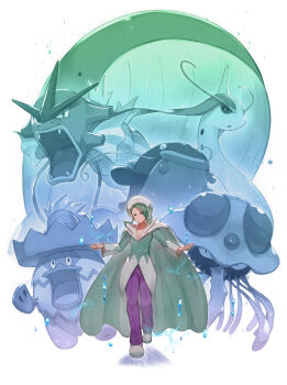 1boy absurdres cape closed_mouth collarbone commentary_request gen_1_pokemon gen_3_pokemon green_eyes green_hair green_shirt grey_shoes gyarados hat highres long_hair long_sleeves looking_at_viewer ludicolo male_focus milotic nintendo odd_(hin_yari) pants pokemon pokemon_(creature) pokemon_emerald pokemon_rse purple_pants shirt shoes tentacruel v-neck wailord wallace_(pokemon) whiscash white_cape white_hat
