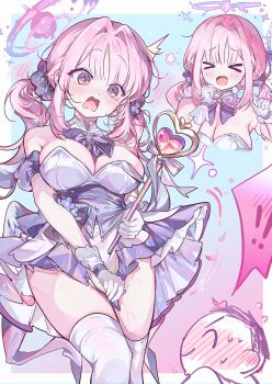 &gt;_&lt; 0202ase 1girl absurdres alternate_costume bare_shoulders blue_archive blush breasts cleavage commentary doodle_sensei_(blue_archive) dress dress_tug gloves halo highres holding holding_wand large_breasts long_hair magical_girl mika_(blue_archive) multiple_views open_mouth pink_hair pink_halo sensei_(blue_archive) strapless strapless_dress thighhighs very_long_hair wand white_gloves white_thighhighs yellow_eyes