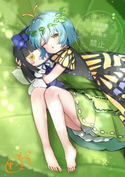 1girl antennae aqua_hair barefoot blush butterfly_wings character_doll commentary_request doll dress eternity_larva fairy green_dress hair_between_eyes highres insect_wings leaf leaf_on_head looking_at_viewer lying on_side one_eye_closed open_mouth shironeko_yuuki short_sleeves star_sapphire toes touhou watermark wings