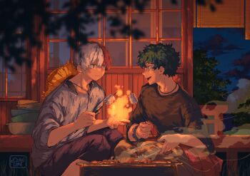 absurdres barbecue boku_no_hero_academia cabin camping curly_hair ezariumi fire food freckles frying green_hair highres marshmallow midoriya_izuku multicolored_hair night pants red_hair scar shirt shorts sky tododeku todoroki_shoto two-tone_hair white_hair