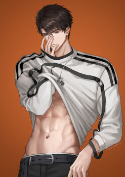 1boy abs absurdres belt black_pants brown_hair caleb_(love_and_deepspace) closed_mouth clothes_lift covering_own_mouth debbie_(debbielu9972) guilty_challenge_(meme) hand_over_own_mouth highres jewelry love_and_deepspace male_focus meme multicolored_shirt muscular muscular_male navel necklace open_clothes open_shirt orange_background pants purple_eyes shirt shirt_lift solo stomach white_shirt