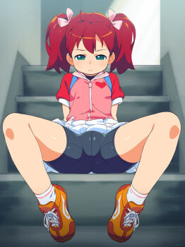 1girl annoyed arms_behind_back ass bike_shorts black_shorts brown_hair cameltoe clothes_lift fat_mons green_eyes jacket knees_up leaning_back loli long_hair miniskirt om_(nk2007) pink_jacket ribbon saru_getchu sayaka_(saru_getchu) shoes shorts shorts_under_skirt sitting skirt skirt_lift sneakers socks solo spread_legs stairs twintails white_skirt