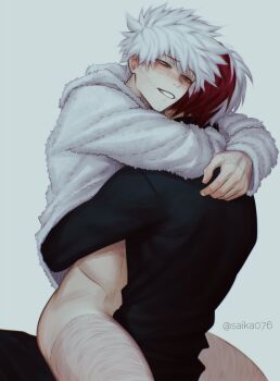 2boys alternate_costume blue_eyes blush boku_no_hero_academia bottomless brothers clothing_request dabi_(boku_no_hero_academia) grey_background high_collar highres hug incest long_sleeves male_focus multiple_boys saika076 short_hair siblings simple_background smile straddling thighs todoroki_shoto twitter_username upright_straddle white_hair yaoi