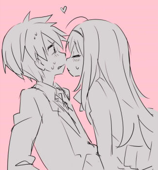 1boy 1girl ahoge blazer blush brother_and_sister chaos;head closed_eyes collared_shirt face-to-face greyscale_with_colored_background grimace imminent_kiss incest jacket leaning_back long_hair mamimu_(ma-mi-mu.me) nervous_sweating nishijou_nanami nishijou_takumi pink_background science_adventure shirt short_hair siblings simple_background sitting sitting_on_person sweat v-shaped_eyebrows