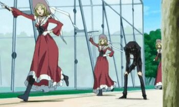 00s 1boy 6+girls animated animated_gif anime_screenshot clone code_geass dress exhausted hat hat_ribbon heavy_breathing lelouch_vi_britannia lowres milly_ashford multiple_girls ribbon riding_crop running skinny third-party_edit what