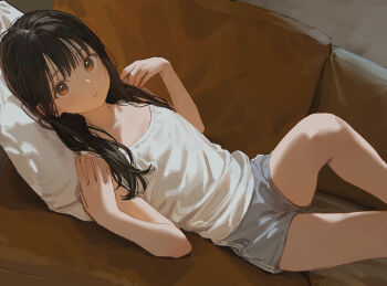 1girl absurdres akipeko bare_legs bare_shoulders black_hair blush brown_eyes camisole closed_mouth collarbone commentary_request flat_chest grey_shorts highres long_hair looking_at_viewer lying on_back original shorts solo white_camisole