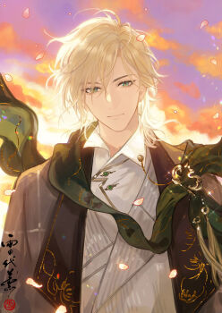 1boy alkaid_mcgrath blonde_hair closed_mouth cloud collar_chain_(jewelry) collared_shirt colored_lapels dusk embroidery falling_petals floating_scarf green_eyes green_scarf grey_jacket hair_behind_ear hair_between_eyes jacket lapels long_sleeves looking_at_viewer lovebrush_chronicles male_focus medium_hair official_alternate_costume open_clothes open_jacket petals pink_petals plaid_clothes plaid_jacket scarf seal_impression shirt smile solo straight-on tassel upper_body vest white_shirt white_vest xuedaixun