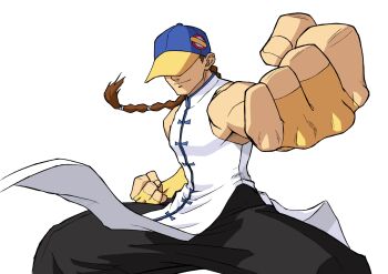 Rule 34 | 1boy, baggy pants, baseball cap, bengus, braid, bridal gauntlets, brown hair, chinese clothes, clenched hands, covered eyes, fighting stance, game cg, hat, hat over eyes, highres, long hair, male focus, muscular, non-web source, official art, pants, simple background, single braid, sleeveless, smile, solo, street fighter, street fighter iii (series), street fighter zero (series), white background, yun lee
