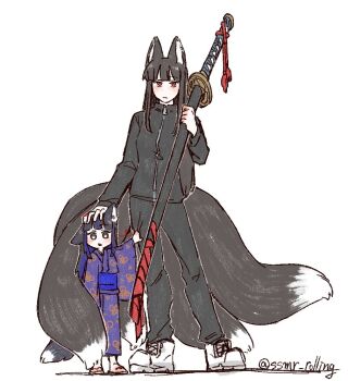 2girls animal_ears araya_(project_moon) black_hair black_jacket black_pants blue_kimono blue_sash blue_streaks blunt_bangs blush butterfly_print_kimono child commentary_request droopy_ears fox_ears fox_tail full_body grabbing_another's_leg grey_eyes hand_on_another's_head headpat holding holding_sheath jacket japanese_clothes kemonomimi_mode kimono kitsune kyuubi limbus_company long_hair long_sidelocks long_sleeves looking_at_viewer mother_and_daughter multiple_girls multiple_tails obi ootachi pants project_moon red_eyes ryoshu_(project_moon) sandals sash sheath shoes sidelocks simple_background sneakers ssmr_rolling standing string string_of_fate tail track_jacket track_pants track_suit twitter_username white_background white_shoes wide_sleeves zipper