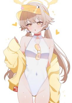 1girl above-cleavage_cutout absurdres averting_eyes blue_archive breasts casual_one-piece_swimsuit clothing_cutout commentary cosplay covered_navel cowboy_shot diamond_cutout double-parted_bangs flying_sweatdrops hair_between_eyes halo heart hifumi_(blue_archive) highleg highleg_one-piece_swimsuit highres jacket jacket_partially_removed long_hair long_sleeves low_twintails one-piece_swimsuit open_mouth revision seia_(blue_archive) seia_(blue_archive)_(cosplay) seia_(swimsuit)_(blue_archive) shusuchii simple_background small_breasts solo sunglasses swimsuit symbol-only_commentary twintails very_long_hair visor_cap white_background white_one-piece_swimsuit winged_halo yellow_eyes yellow_halo yellow_jacket