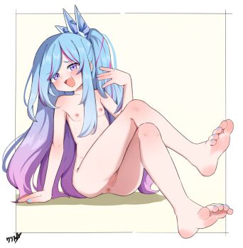 1girl absurdres anus barefoot blue_hair blue_nails boppin breasts cleft_of_venus commission completely_nude crossed_legs duel_monster feet highres loli long_hair multicolored_hair nail_polish nipples nude open_mouth pussy rilliona_(yu-gi-oh!) sitting small_breasts soles solo toenails toes uncensored witchcrafter_madame_verre yu-gi-oh!