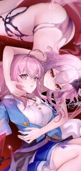 2girls ahoge ass black_choker black_flower black_overskirt blue_eyes blue_skirt bra_strap breasts choker dual_persona evernight_(honkai:_star_rail) flower hair_between_eyes hair_flower hair_ornament highres honkai:_star_rail honkai_(series) large_breasts march_7th_(honkai:_star_rail) march_7th_(preservation)_(honkai:_star_rail) medium_hair mishiya_(misiya_dream) multicolored_eyes multiple_girls off-shoulder_jacket off_shoulder official_alternate_eye_color parted_lips pink_eyes pink_hair red_background red_eyes shirt skirt smile thighs two-tone_eyes white_shirt