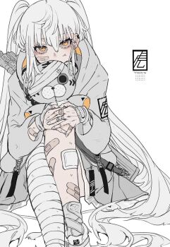 1boy bandaged_leg bandages bandaid commentary_request grey_hoodie grey_skirt gun highres hood hood_down hoodie long_hair original pleated_skirt print_hoodie shoes skirt sneakers solo stuffed_toy totora_(yuduhi) trap twintails two-sided_hoodie very_long_hair weapon white_hair white_shoes yellow_eyes yuduhi