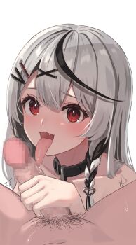 1boy 1girl absurdres belt_collar black_collar black_hair blush braid censored collar collarbone commentary completely_nude drooling fang fellatio grey_hair hair_ornament hairclip handjob heart heart_hair_ornament highres hololive long_hair long_tongue mosaic_censoring multicolored_hair nude open_mouth oral penis red_eyes sakamata_chloe saliva simple_background smile solo_focus streaked_hair tongue tongue_out tonton_utaro two-tone_hair virtual_youtuber white_background