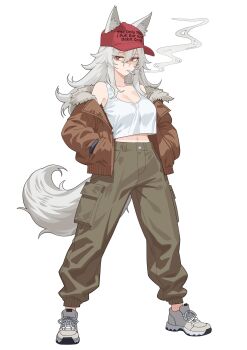 1girl animal_ears cigarette commission english_text hands_in_pockets hat highres jacket jacket_partially_removed kuso_otoko long_hair messy_hair midriff navel original pants red_eyes shoes smoke sneakers solo tail tank_top white_hair white_tank_top wolf_ears wolf_tail