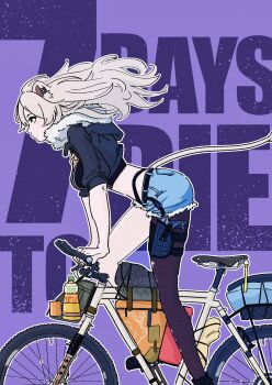 1girl 7_days_to_die adapted_costume alternate_costume animal_ear_piercing animal_ears asymmetrical_legwear belt bicycle bicycle_bag bicycle_seat black_pantyhose black_shirt blue_jacket bottle breasts crop_top cropped_jacket denim denim_shorts floating_hair frayed_shorts from_side fur-trimmed_jacket fur_trim grey_hair gun handgun highres hololive holster holstered jacket large_breasts lion_ears lion_girl lion_tail long_hair mori_nox pantyhose purple_background riding riding_bicycle shirt shishiro_botan shorts single_leg_pantyhose solo tail text_background thigh_holster torn_clothes torn_pantyhose virtual_youtuber weapon