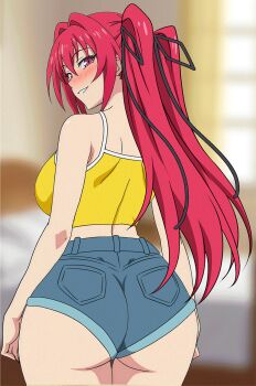 1girl animated animated_gif artist_request ass blush breasts come_hither covered_erect_nipples curvy grin half-closed_eyes highres huge_ass large_breasts long_hair midriff naruse_mio naughty_face navel nipples no_bra red_hair shinmai_maou_no_testament smile tank_top teeth undressing